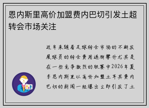 恩内斯里高价加盟费内巴切引发土超转会市场关注 恩内斯里高价加盟费内巴切引发土超转会市场关注