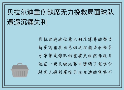 贝拉尔迪重伤缺席无力挽救局面球队遭遇沉痛失利